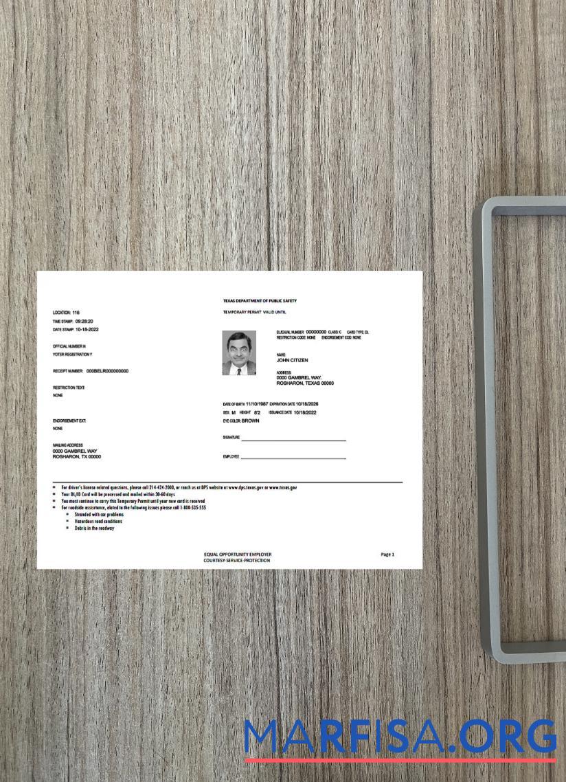 Printable USA Texas driving license temporary permit photolook download for verification